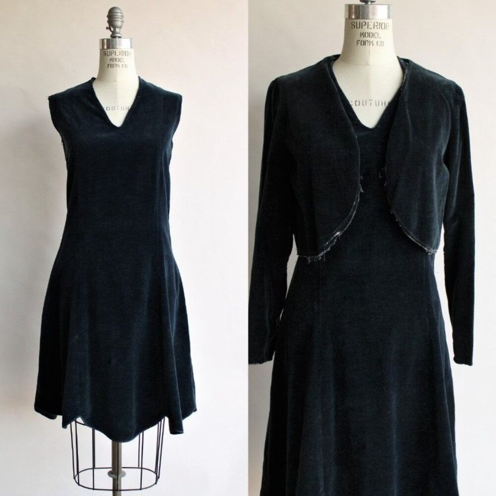 Vintage 1920s Dress with Jacket/ Navy Blue Cotton Velvet Day Dress and Bolero